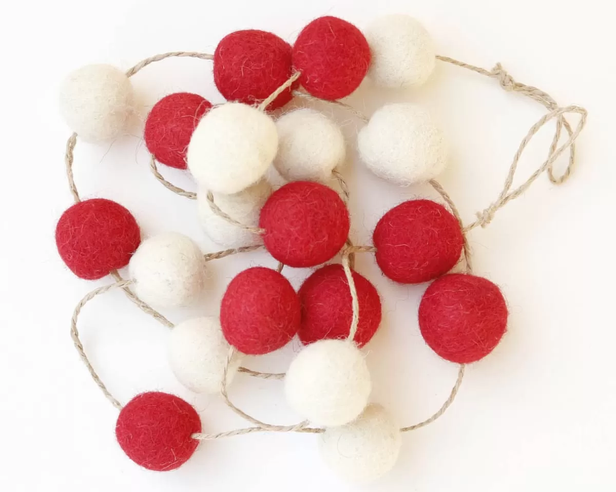 De Kulture Handmade Premium Wool Felt POM POM Garland Eco Friendly Christmas Tree Ornament Home Office Wedding Party Holiday Decoration Banner 48 Inches RED & OFF WHITE SET OF 2